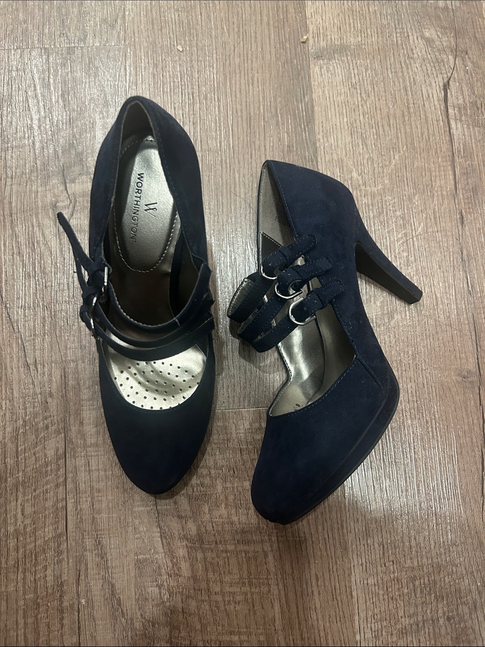Worthington Navy Suede Triple-Strap Heels